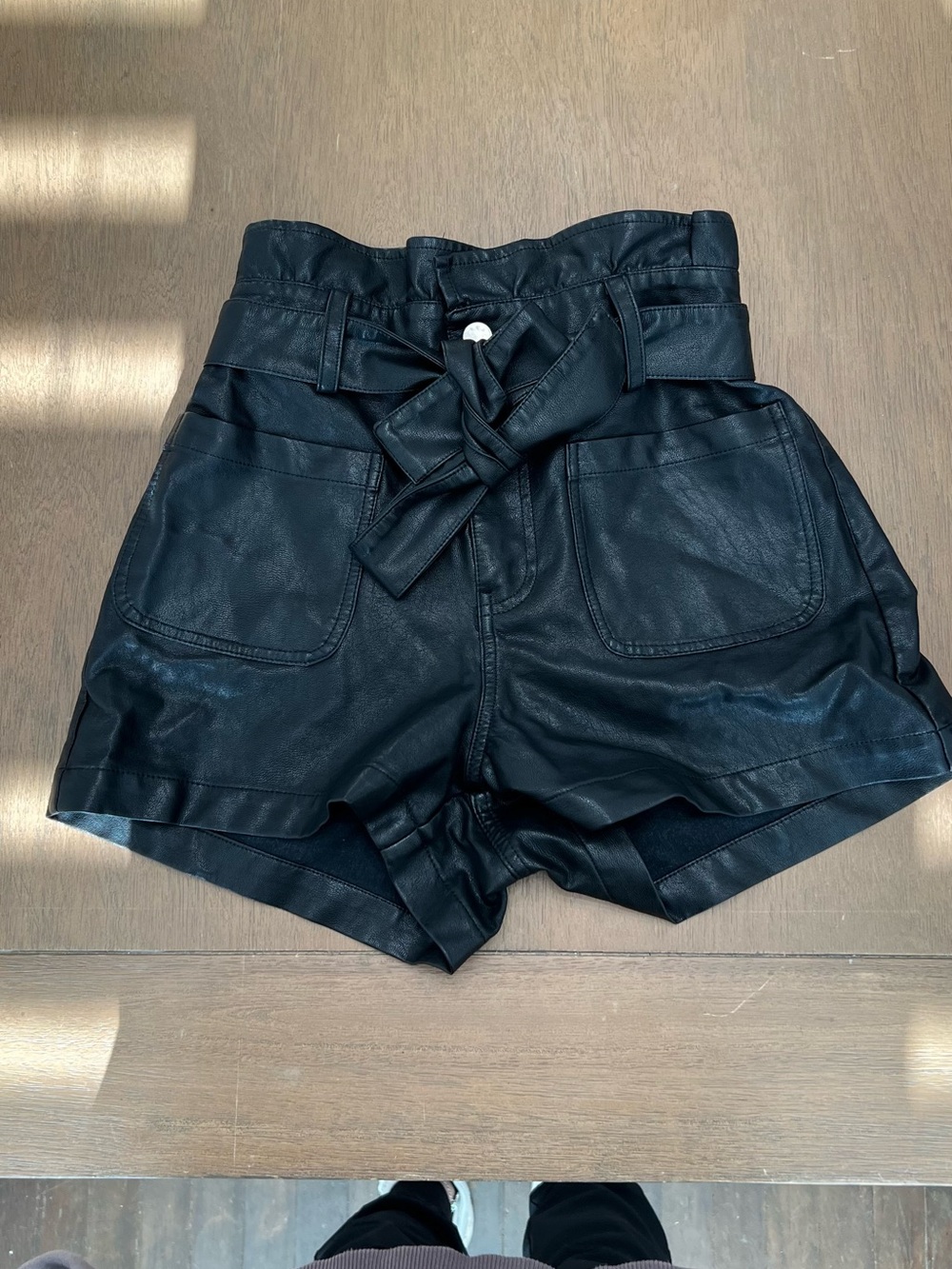 Alya Black High-Waist Faux Leather Paperbag Shorts with Tie